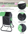 Heavy Duty 18.5 Gallon Tumbling Compost Bin Outdoor With Sliding Door for All Season Gardens, shown with features.