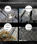 Image showcasing Rebar, Round Steel, Medium Carbon Steel, and Low Carbon Steel for construction applications.