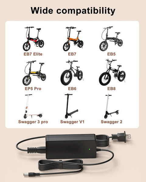 42V Replacement Charger For EB Series Electric Scooters And Swagger 3 SG Models EB5 Pro EB7 Elite Plus chart showing compatibility