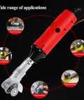 Badass Right Angle Grinder Featuring A Beast Mode Five Hundred Watt Motor With Six Adjustable Speed Settings For Polishing Tile Seams And Deburring Grout Lines Smoothly Every Time with red body and 90-degree head.