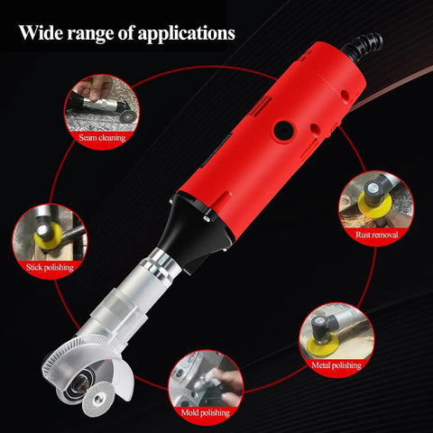 Badass Right Angle Grinder Featuring A Beast Mode Five Hundred Watt Motor With Six Adjustable Speed Settings For Polishing Tile Seams And Deburring Grout Lines Smoothly Every Time with red body and 90-degree head.