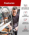 Man inspecting bicycle tire with text features of 27.5 Inch Bike Inner Tubes 2 Pack Fits Mountain And Hybrid Bikes checklist.