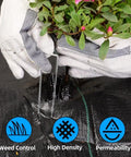 Gloved hands installing planting on Heavy Duty Weed Barrier Landscape Fabric 3ft By 100ft Ground Cover For Gardening And Farming 3.2oz Permeable Black Polypropylene Cloth Professional Grade Weed Control Easy Install
