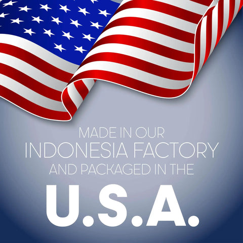 Made in our Indonesia factory and packaged in the U.S.A. on a waving American flag background.