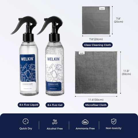 Screen Cleaner Spray Kit With Gel For All Electronics Streak Free Dope Clean Non Drip Formula, two bottles, cloths.