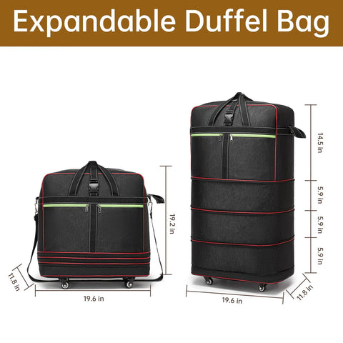 Expandable rolling duffle bag in black, dimensions shown, expandable design.