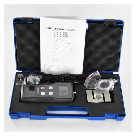 Hella Accurate Digital Force Gauge And Pull Push Dynamometer with accessories in blue case, including manual and test weights.