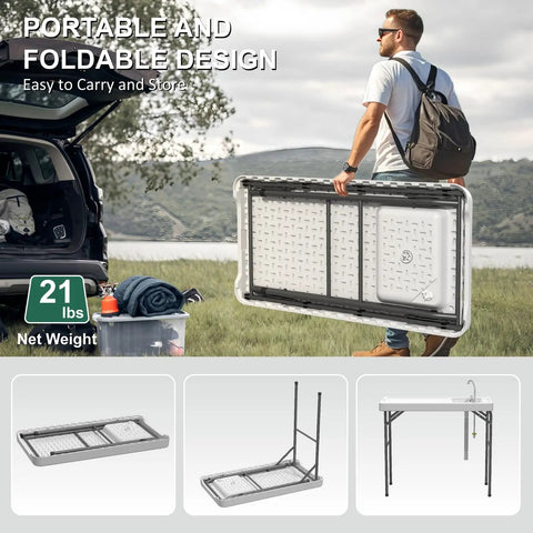 Man carrying 42.5 Inch Folding Fish Cleaning Table With Sink And Hose Hookup Portable Outdoor Fishing Station Heavy Duty Camping Table