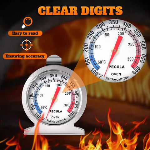 Battery-Free Analog Oven Thermometer With Dual Color Dial For Oven, Grill, Smoker And Fryer, Instant Read 50-300 C / 100-600 F with flames and temperature dial.