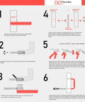 Installation guide for 10 Pack 5 Inch Brushed Nickel Cabinet Pulls, showing steps for measuring thickness, screw length, and handle placement.