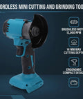 Kickass Cordless Mini Circular Saw And Angle Grinder Hybrid With Reversible Rotation And Adjustable Cutting Depth For No Sweat Work On Wood Metal Tile And Plastic Projects Daily, blue ergonomic tool with cutting blade.