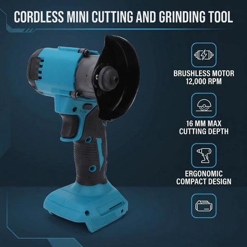 Kickass Cordless Mini Circular Saw And Angle Grinder Hybrid With Reversible Rotation And Adjustable Cutting Depth For No Sweat Work On Wood Metal Tile And Plastic Projects Daily, blue ergonomic tool with cutting blade.