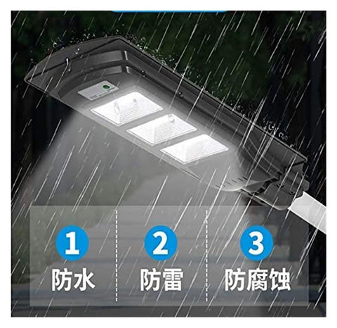 Badass 350W Solar Floodlight With Radar Human Body Induction Dusk To Dawn IP67 Waterproof LED Outdoor Security Light with rain droplets.