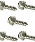 Close-up of five stainless steel screws from Slotted Indented Hex Washer Sheet Metal Screws Kit Stainless Steel Half Inch Long Size Twelve Pack Of Two Thousand Five Hundred Fasteners For Automotive, HVAC And Home Improvement Projects