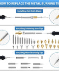 Close-up of All In One Wood Burning Kit for Adults with Gloves showing metal burning tips and replacement process.