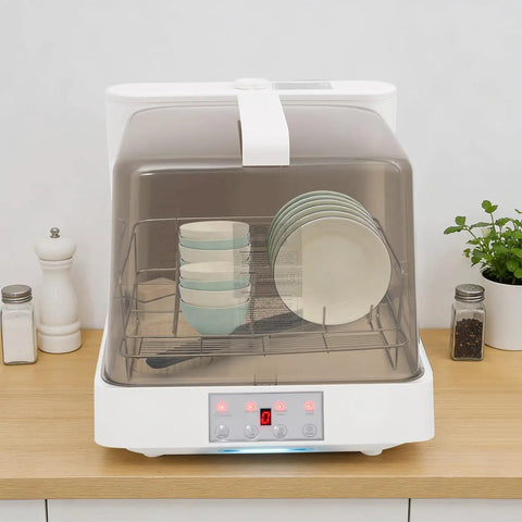 Slick Portable Countertop Dishwasher With Massive 8 Liter Tank And Three Wash Settings featuring plates and bowls inside.
