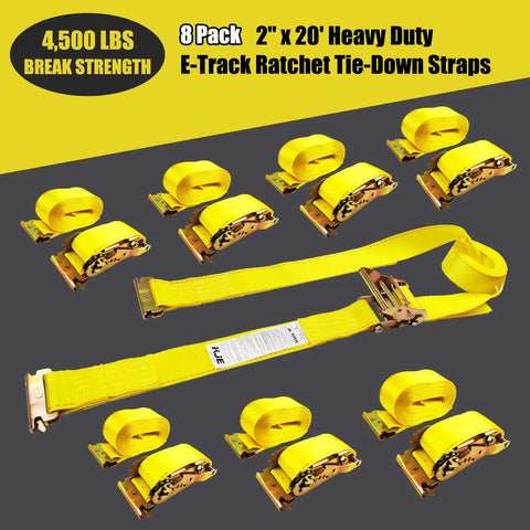 Badass Heavy Duty 8 Pack E Track Ratchet Straps 2 Inch By 20 Foot Cargo Tie Downs Rated For 1500 Pounds Working Load And 4500 Pounds Breaking Strength On Vans Trucks And Trailers with yellow straps and ratchets.