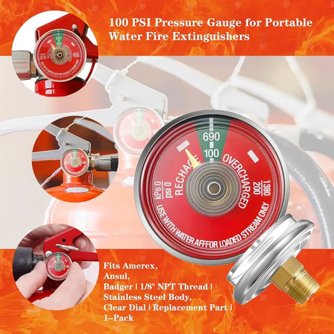 Kickass Heavy Duty Brass And Stainless Steel Water Fire Extinguisher Pressure Gauge With Bright Green Safety Zone Dial Rated One To 100 PSI Plus Slick Waterproof Tape For Straight Up Reliable Safety Gear Replacement, showing clear dial and bronze threads.