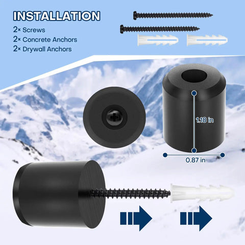 Installation components for Heavy Duty Snowboard Wall Mount with Slick PU Rubber Grip, including screws and anchors.