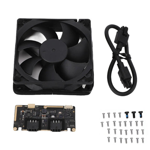 External Exhaust Fan Kit For 3D Printers With Smart Touch Screen Controls and Auto Air Extraction parts including fan, board, and screws.
