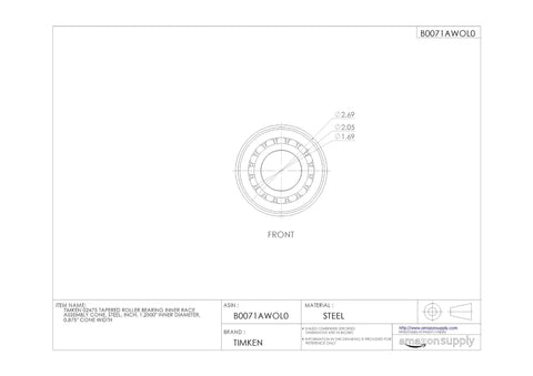 Heavy Duty Tapered Roller Bearing Inner Race Cone Built Right Steel Single Cup Assembly viewed from top with dimensions.