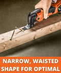 Tear Through Steel Pipe Masonry Brick Cement Board And Wood With This Rugged Starlock Oscillating Multitool Carbide Blade Designed For No Drag Cutting And Pro Level Control On Demolition Projects. Image of multitool cutting wood with waisted blade.