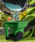 Handheld Lawn Spreader For Grass Seed And Fertilizer No Clog Easy Grip Portable Hand Powered Spreader in use on lawn