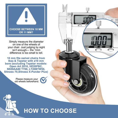 Measuring 10 mm for Top Shelf Replacement Office Chair Casters Built Exclusively For IKEA Seating with rubber wheels.