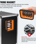 Orange Silicone Collapsible Magnetic Parts Tray Set In Three Sizes attached to metal box, holding screws and bolts securely with magnets