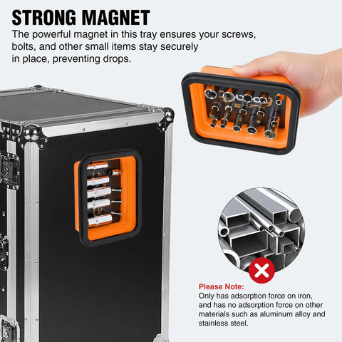 Orange Silicone Collapsible Magnetic Parts Tray Set In Three Sizes attached to metal box, holding screws and bolts securely with magnets