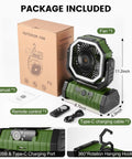 Camping Fan With LED Lantern And 30000mAh Battery, Rechargeable Tent Oscillating Fan with Remote, hook handle, and charger