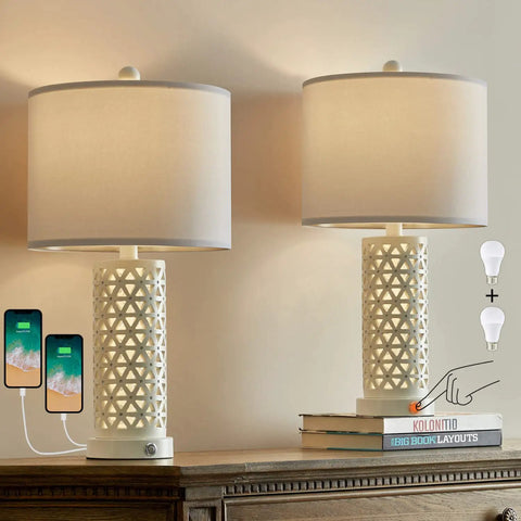 3-Way Dimmable Touch Control Dope Rustic Table Lamp Set Of 2 Vintage Farmhouse 21.25 Inch Tall Bedside Lamps With White Shade And USB Charging 2 Bulbs Included Perfect For Living Room Bedroom Nightstand Home Office on wooden table with USB devices, white shades, decorative bases, 2 bulbs shown.