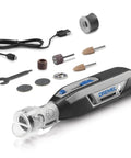 Pet Nail Grinder And Trimmer Kit Cordless And Rechargeable For Dogs Cats And Small Animals Safe Gentle At Home Grooming Tool With Nail Guard Low Noise Operation With Quick Charge And Safe Grinding For Sensitive Nails displayed with accessories and USB charger.