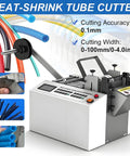 Fully Automatic Heat Shrink Tube Cutter With Digital Micro Computer Control, showcasing cutting accuracy and three sleeve capability.