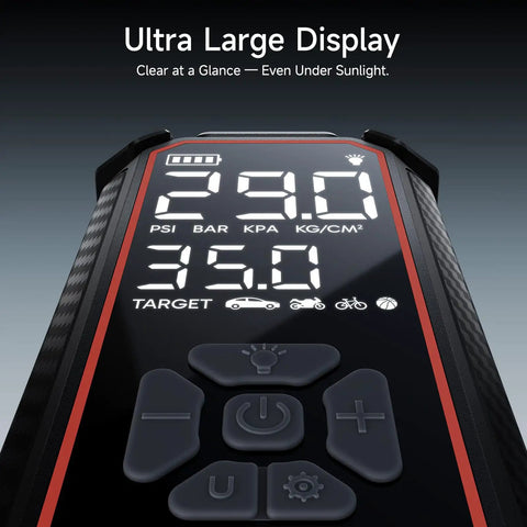 Digital display of Cordless Tire Inflator Portable Air Compressor With 12000mAh Battery, showing pressure gauges and controls.