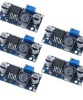 Five Pack LM2596 Buck Converter Step Down Modules 3.0 To 40V Input 1.5 To 35V Adjustable Output Voltage Regulator Power Supply With LED Indicator For DIYers Great For Hobbyists And Makers, shown from above.