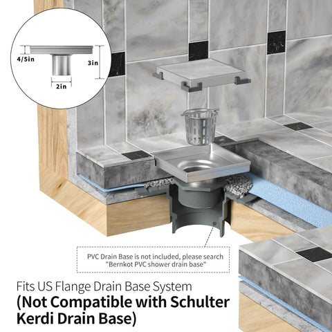 Kickass Square Shower Drain Six Inch 304 Stainless Steel Floor Grate With Slick High Flow Capacity For Tough Bathroom Remodels And Garage Spaces Built Like A Beast To Keep Your Floors Bone Dry On The Daily, showcasing drain installation with dimensions.