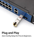 10G SFP Plus To RJ45 Copper Adapter with Auto Sensing and Low Power under 2.5W inserted in a network switch, showing plug and play feature.