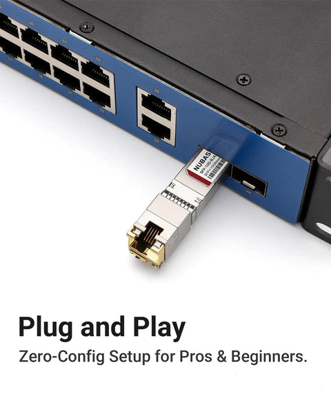 10G SFP Plus To RJ45 Copper Adapter with Auto Sensing and Low Power under 2.5W inserted in a network switch, showing plug and play feature.