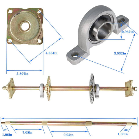 32 Inch Live Rear Axle Kit With Disc Wheel Hub Replacement For Go Kart ATV Quad And Drift Trikes, dimensions displayed, chrome shaft