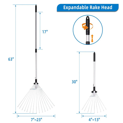 Two Pack Adjustable Yard Rake Set with 63-Inch 15-Tine Big Rake and 30-Inch 9-Tine Small Rake, shown with measurements and adjustable head.