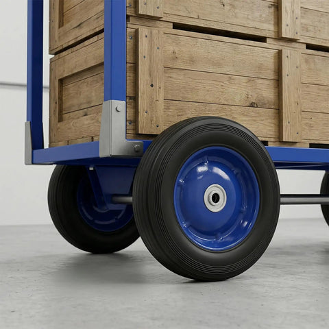 Four Pack 8 X 1.75 Inch Solid Rubber Wheels Featuring Flat Free Design And Rock Solid Ball Bearings Perfect For Heavy Duty Hand Trucks Dollies And Utility Carts Built Tough To Handle Daily Grind on blue cart.