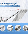 12 Inch High Pressure Rainfall Shower Head Handheld Combo with adjustable brass extension arm and stainless steel finish.