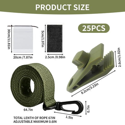 Rock Solid Eight Piece Pool Cover Reel Mounting Kit With Heavy Duty Army Green Straps And Slick Clips For Solar Covers showing dimensions and components.