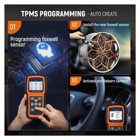Pro Grade OBD2 Code Reader And Diag Tool With TPMS Learn Tool programming steps for sensor installation and activation.