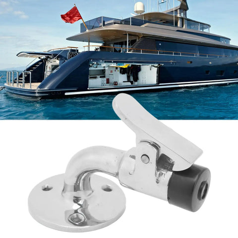 Rock Solid Marine Grade 316 Stainless Steel Door Stopper Catch Kit For Boats And Yachts showing latch on yacht background.