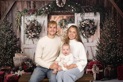 Slick White Barn Door Photography Backdrop For Studio Sessions And Indoor Portraits Seamless Microfiber Photo Background Wall Cover With Light Blocking Build And Zero Sweat Setup For Clean Shots with a family.