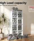 8 Cube Storage Organizer Stackable Modular Shelf For Living Room And Office Fits 11 By 11 Inch Bins White Space Saver Unit with weight capacity labels