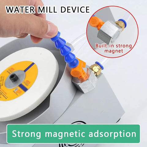 Top Shelf Wet And Dry Bench Sander With Variable Speed Dial And Premium Diamond Discs For No Sweat Knife Sharpening And Sleek Metal Tool Polish Home Routines close up of water mill device with strong magnetic adsorption and grinding wheel.