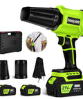 Cordless Leaf Blower with Turbine Motor Delivers Up To 800,000 RPM And Wind Speeds Of Up To 65 Meters Per Second, Includes Two 4Ah Batteries And Charger, Handheld Yard Blower For Lawn Care Dust Snow And Car Drying With Two Extended Nozzles with accessories shown.